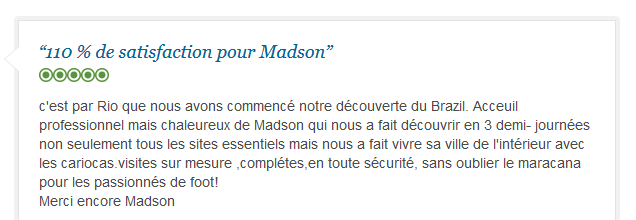avis client francophone sur visite guidée personnalisée et immersive de Rio de Janeiro