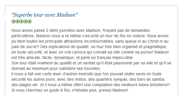 avis client francophone sur découverte complète de Rio avec guide privé