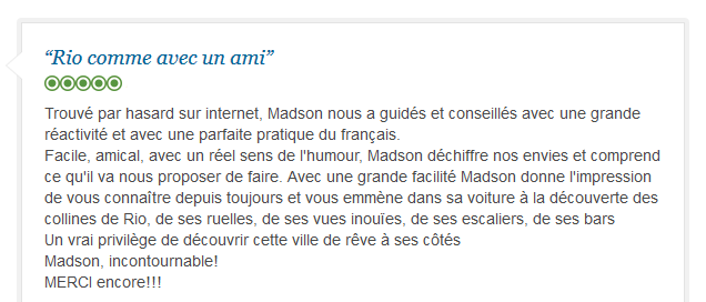 avis client francophone sur découverte authentique de Rio avec guide privé