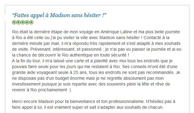 avis client francophone sur visite authentique et sécurisée de Rio avec guide privé
