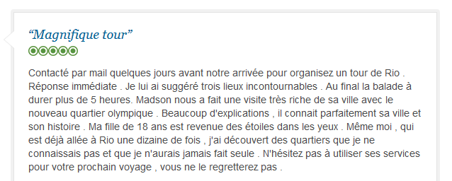avis client francophone sur visite approfondie de Rio avec guide privé