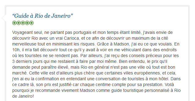 avis client francophone sur découverte complète et sécurisée de Rio avec guide privé