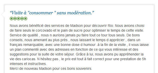 avis client francophone sur visite intense et authentique de Rio avec guide privé