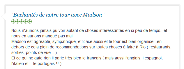 avis client francophone sur visite efficace et enrichissante de Rio avec guide privé