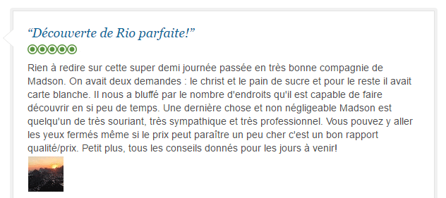 avis client francophone sur découverte parfaite de Rio avec guide privé