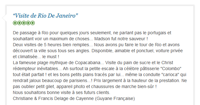 avis client francophone sur découverte complète de Rio avec guide privé