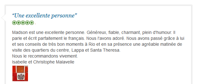 avis client francophone sur visite authentique et conviviale de Rio avec guide privé