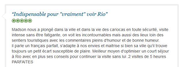 avis client francophone sur immersion authentique à Rio avec guide privé