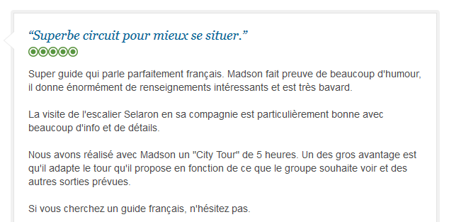 avis client francophone sur city tour personnalisé de Rio avec guide privé