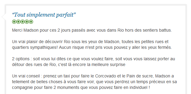 avis client francophone sur exploration authentique de Rio avec guide privé