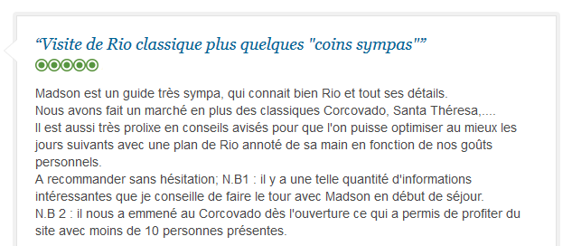 avis client francophone sur visite classique et authentique de Rio avec guide privé