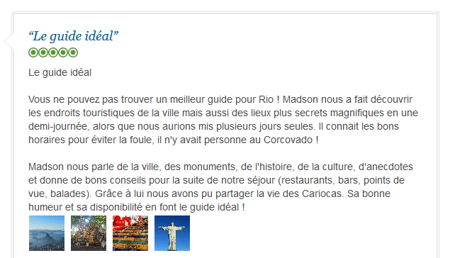 avis client francophone sur visite authentique et optimisée de Rio avec guide privé