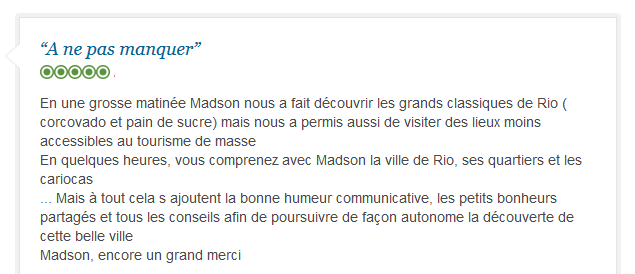 avis client francophone sur découverte complète et authentique de Rio avec guide privé