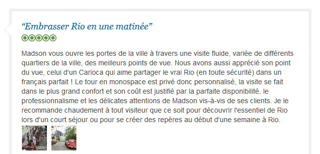 avis client francophone sur visite fluide et authentique de Rio avec guide privé