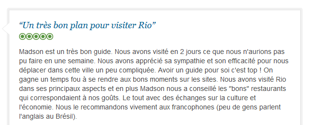avis client francophone sur découverte complète et optimisée de Rio avec guide privé