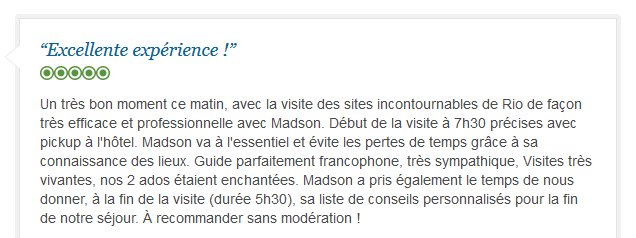 avis client francophone sur visite incontournable et fluide de Rio avec guide privé