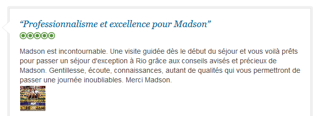avis client francophone sur visite guidée professionnelle et mémorable de Rio avec guide privé