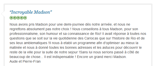 avis client francophone sur visite optimisée de Rio avec guide privé