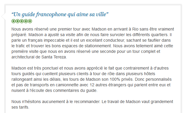 avis client francophone sur visite privée et personnalisée de Rio avec guide privé