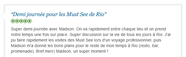 avis client francophone sur découverte des incontournables de Rio avec guide privé