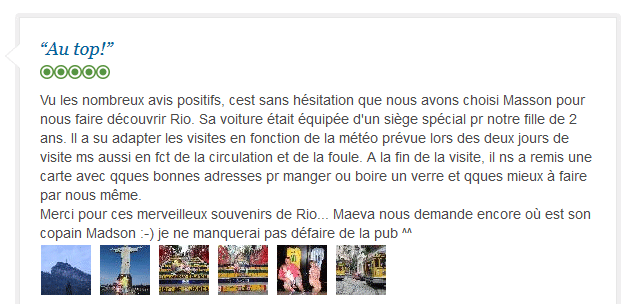 avis client francophone sur découverte de Rio en famille avec guide privé