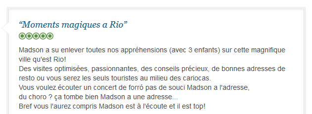 avis client francophone sur moments magiques à Rio avec guide privé