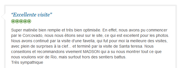 avis client francophone sur visite authentique de Rio avec guide privé