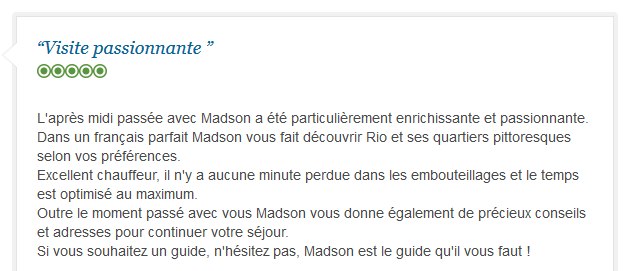 avis client sur visite passionnante de Rio de Janeiro avec guide parlant français