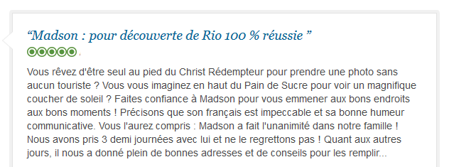 avis client sur découverte de Rio réussie avec guide francophone
