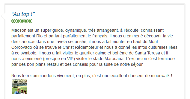 avis client sur visite privée francophone dynamique et personnalisée de Rio de Janeiro