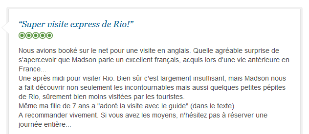 avis client sur visite privée francophone express et authentique de Rio de Janeiro