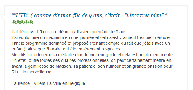avis client sur visite privée francophone de Rio adaptée aux enfants