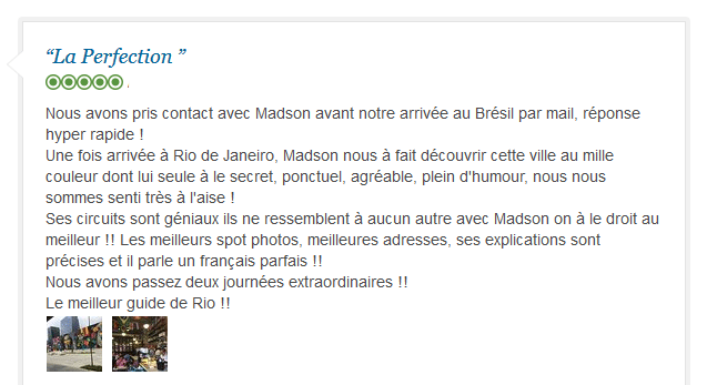 avis client francophone sur découverte parfaite de Rio avec guide privé