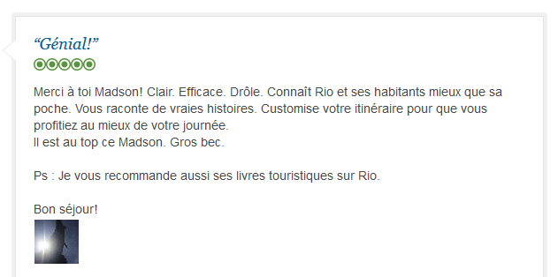 avis client sur visite privée francophone de Rio avec anecdotes authentiques