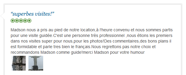 avis client sur visite privée francophone de Rio avec accès privilégié et bons conseils