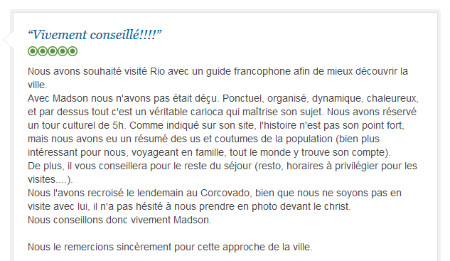 avis client francophone sur visite culturelle et chaleureuse de Rio avec guide privé