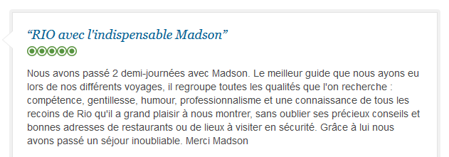 avis client sur visite privée francophone de Rio en deux demi-journées
