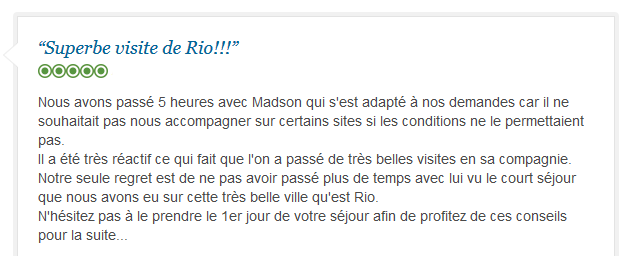avis client sur visite privée francophone de Rio adaptée aux conditions