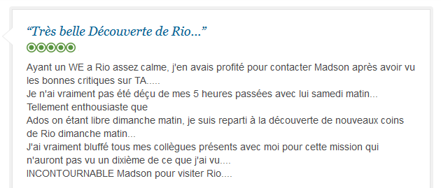 avis client sur découverte privée francophone de Rio de Janeiro avec guide