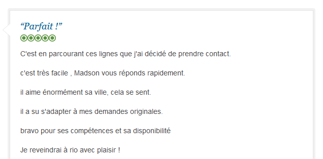 avis client francophone sur visite personnalisée et flexible à Rio de Janeiro