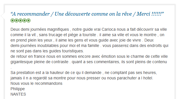 avis client francophone sur découverte authentique et émotionnelle de Rio de Janeiro
