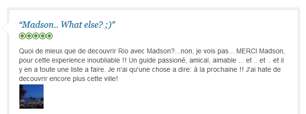 avis client francophone sur expérience inoubliable de Rio de Janeiro avec un guide passionné
