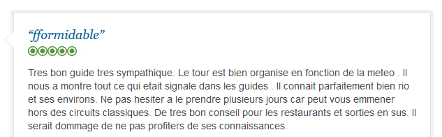 avis client francophone sur visite personnalisée et flexible de Rio de Janeiro