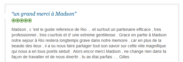 avis client francophone sur guide professionnel et passionné à Rio de Janeiro
