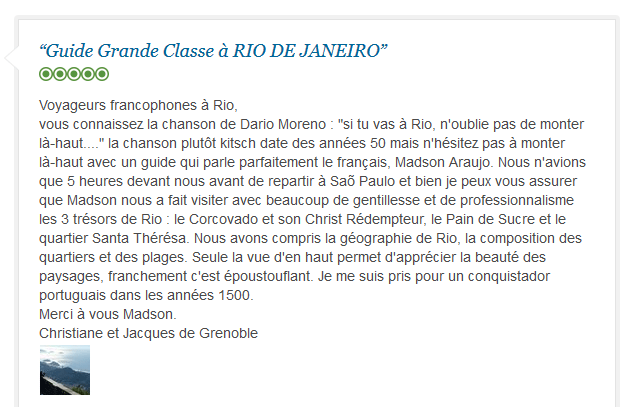 avis client francophone sur visite guidée rapide des incontournables de Rio de Janeiro