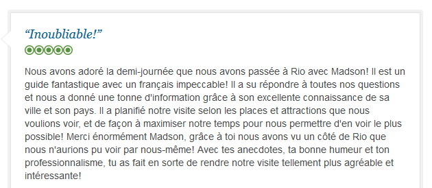 avis client francophone sur demi-journée de visite privée à Rio de Janeiro