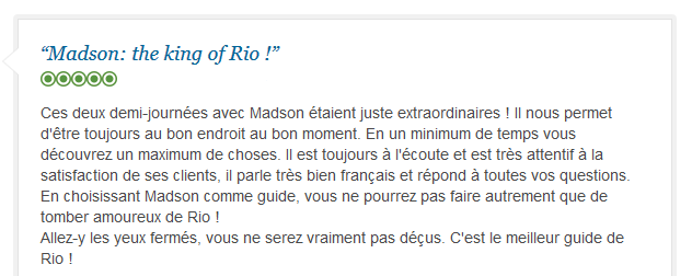 avis client francophone sur deux demi-journées exceptionnelles de découverte de Rio de Janeiro
