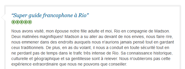 avis client francophone sur excursion familiale en français à Rio
