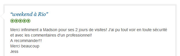 avis client francophone sur excursion de deux jours à Rio avec guide professionnel