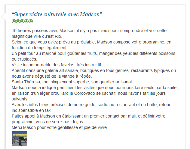 avis client francophone sur visite culturelle et immersive de Rio de Janeiro